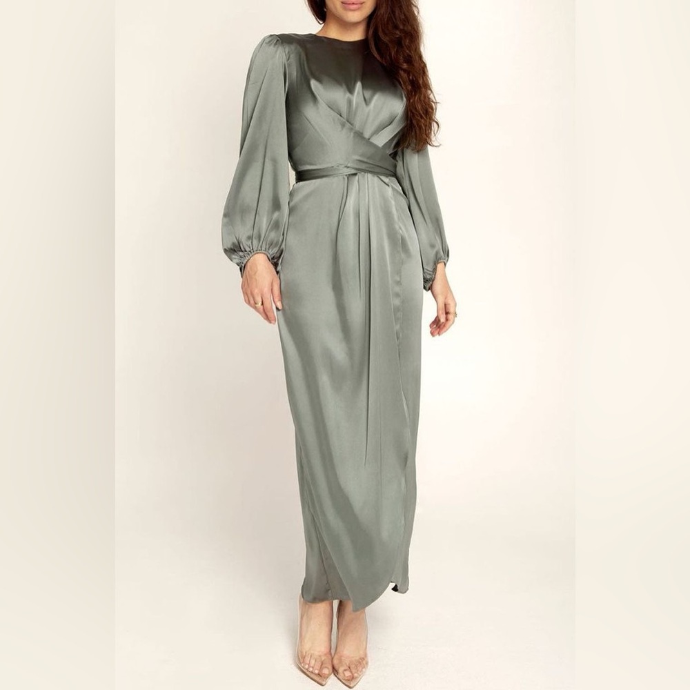 VEILED COLLECTION unused blue satin long sleeve maxi dress